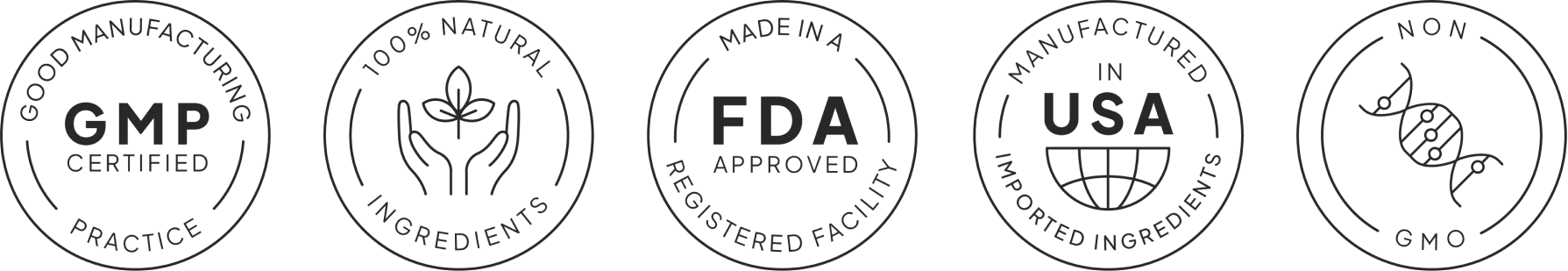 ViriFlow Trust Badges: GMP Certified, 100% Natural, Non-GMO, Made in USA, No Stimulants